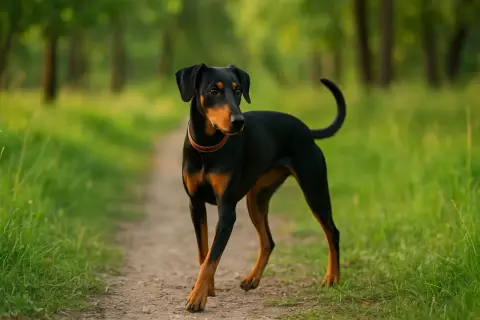 Un pinscher moyen, noir et feu, se promène sur un sentier boisé, le regard alerte.