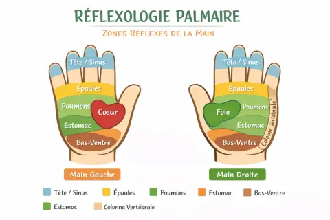Schéma de réflexologie palmaire montrant les zones réflexes de la main droite : tête/sinus, épaules, foie, poumons, estomac, bas-ventre et colonne vertébrale.