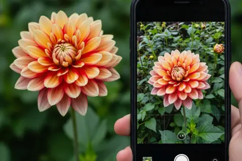 Dłoń trzyma smartfon, na którym aplikacja Plantsnap identyfikuje pięknego, pomarańczowo-czerwonego kwiatu dalii.