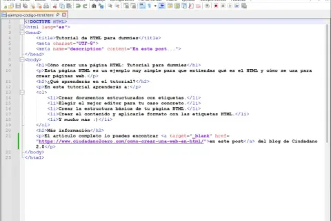 Código HTML que explica qué es HTML y para qué sirve, detallando cómo crear páginas web y estructurar contenido.