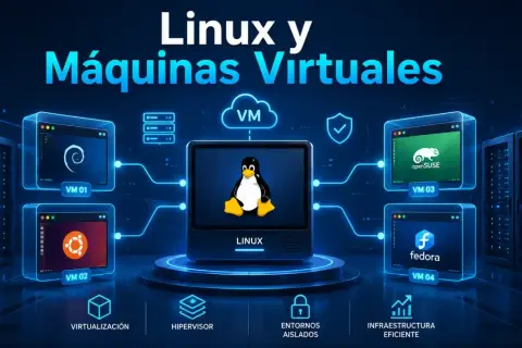 Ilustración de Linux y máquinas virtuales, mostrando distribuciones como Debian, Ubuntu, openSUSE y Fedora.