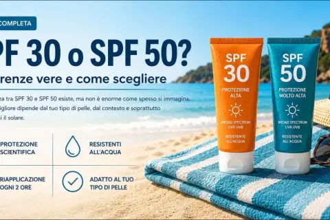 Due tubetti di crema solare viso SPF 30 e SPF 50 sulla spiaggia, con cappello e occhiali da sole. Protezione quotidiana per la tua pelle.