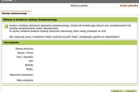 Kreator obsługi ubezpieczonego w programie Płatnik. Dane płatnika do ZUS.