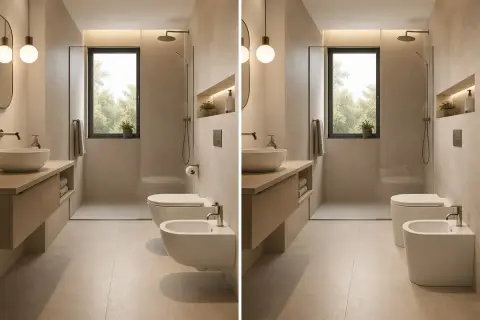 Bagno moderno con sanitari sospesi: pro e contro. Vaso e bidet sospesi, lavabo su mobile, doccia walk-in.