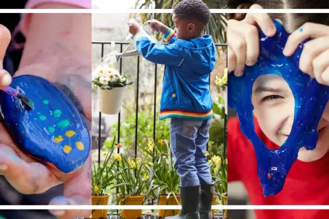 Barn målar stenar, vattnar blommor och leker med slime. Roliga aktiviteter i skogen med barn som inspirerar till lek och kreativitet.