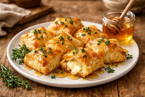 Délicieux feuilleté chèvre, dorés et garnis de thym frais, nappés de miel ambré. Un délice croustillant et fondant.