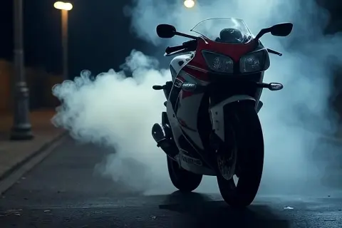 Mi moto echa humo blanco y huele a quemado. La luz de la calle ilumina la escena mientras el humo envuelve la motocicleta deportiva.