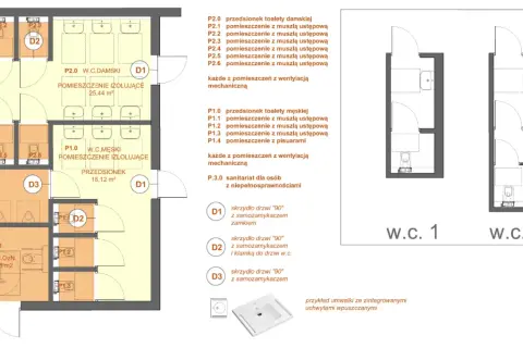 Rzut architektoniczny toalet z podziałem na damskie i męskie, z zaznaczonymi wymiarami kabin toaletowych i pomieszczeń.