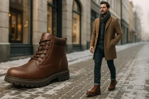 Un uomo elegante cammina su un vicolo innevato, accanto a un grande stivale Timberland. La timberland guida alle taglie ti aiuta a scegliere il modello perfetto.