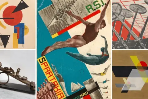 A collage of constructivism art, featuring abstract shapes, divers in mid-air, and industrial elements.