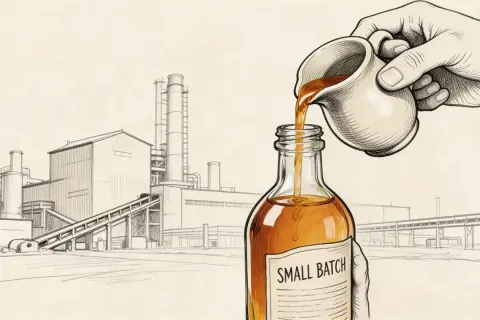 Ręka przelewa bursztynowy alkohol z dzbanka do butelki z etykietą "SMALL BATCH". Idealny alkohol na 50 urodziny, prosto z destylarni.