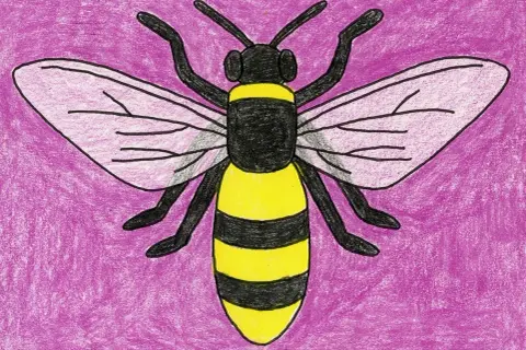 Un dibujo abeja facil con rayas amarillas y negras, alas rosadas y fondo morado.