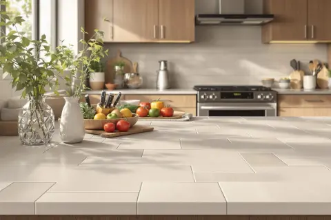 Plan de travail de cuisine avec pose de carrelage mural. Fruits et plantes vertes décorent le plan de travail.
