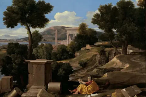 A lone figure in a yellow robe reads amidst ancient ruins, a scene evoking the contemplative spirit of baroque artists.