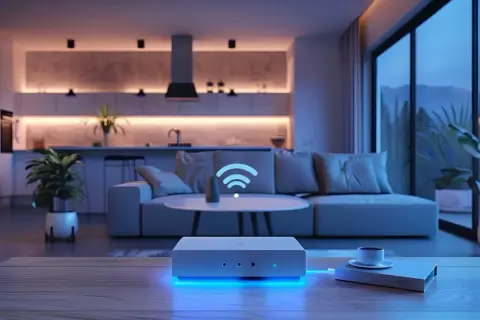 Nowoczesny router z niebieskim podświetleniem, symbolizujący jak wzmocnić sygnał wifi w eleganckim salonie z kuchnią.