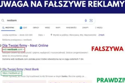 Oszukani przez Nest Bank? Uważaj na fałszywe reklamy! Czerwona strzałka wskazuje fałszywą stronę web-nestbank.com, zielona prawdziwą nestbank.pl.