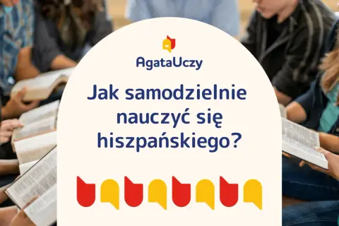 Grupa osób uczy się, jak samodzielnie nauczyć się hiszpańskiego. Kolorowe dymki symbolizują naukę języka.
