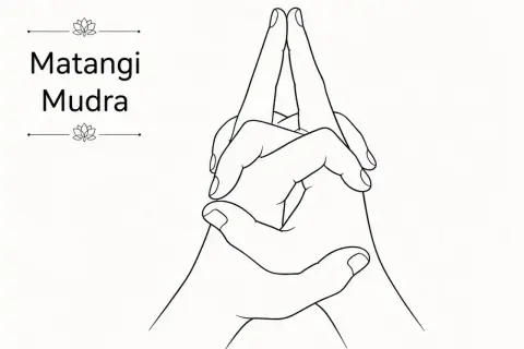 Manos entrelazadas formando el Matangi Mudra, con los dedos índice y medio apuntando hacia arriba.