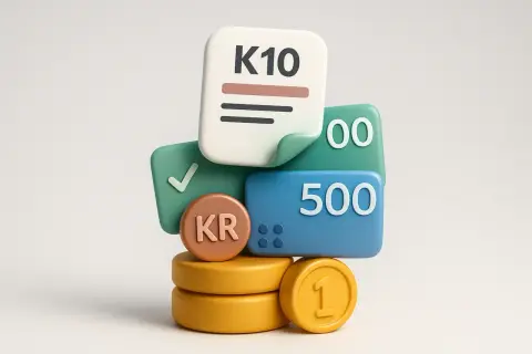 En stapel med K10-dokument, mynt och siffror som representerar en skatt på aktieutdelning.