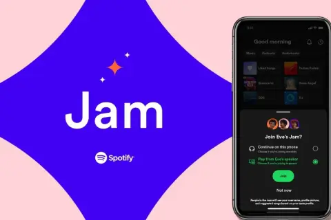 Telefon z aplikacją Spotify, na którym widać opcję dołączenia do "Jam" znajomego.