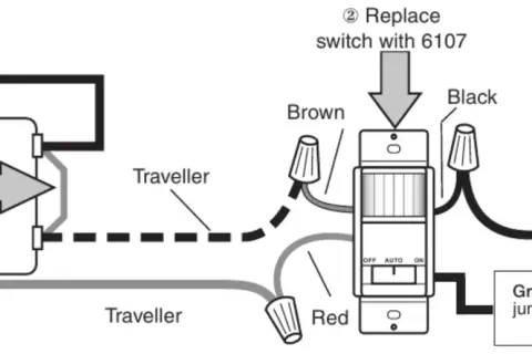 Diagrama para como instalar un sensor de movimiento con interruptor, mostrando conexiones de cables "Common" y "Traveller".