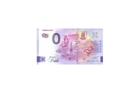 Billete de Gibraltar "Zero Pound" con imágenes del Peñón, monos, delfines y faro. Pregunta si se puede pagar con euros en Gibraltar.
