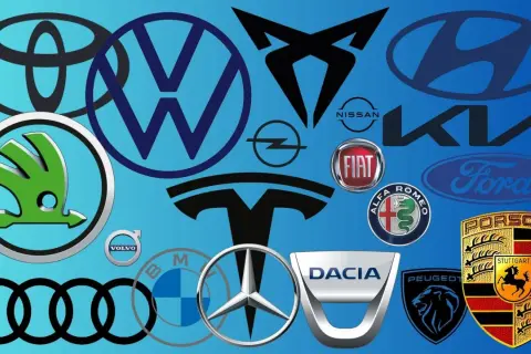 Kolekcja logotypów najlepszych marek samochodów: Toyota, VW, Cupra, Hyundai, Kia, Skoda, Opel, Fiat, Ford, Alfa Romeo, Tesla, Volvo, Audi, BMW, Mercedes, Dacia, Peugeot, Porsche.