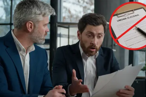 Dwóch mężczyzn analizuje dokumenty. Na pierwszym planie umowa zlecenia z przekreśleniem, sugerująca problemy z zatrudnieniem.