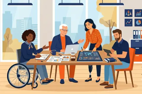 Team diversificato discute strategie aziendali. Un uomo in sedia a rotelle, una donna con protesi alla gamba, un anziano e una giovane donna collaborano. Il collocamento mirato cos'è? È inclusione e valorizzazione di ogni talento.
