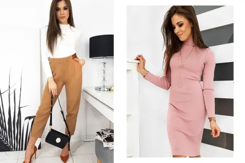 Kobieta o figurze klepsydry z brzuszkiem w eleganckich stylizacjach: biały golf i brązowe spodnie lub różowa sukienka.