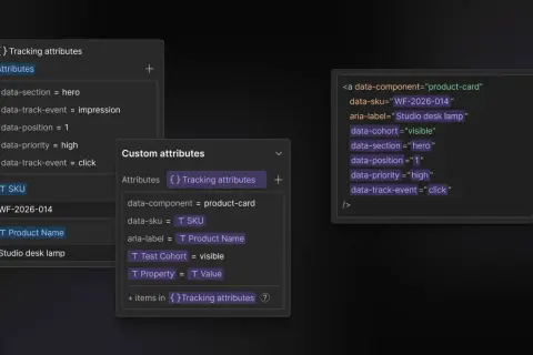 Exemple de code HTML avec des attributs `data-` pour le suivi, comme `data-sku` et `data-track-event`, pour un produit.
