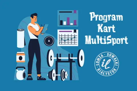 Ilustracja pokazuje, jak założyć kartę Multisport. Mężczyzna z notatnikiem, sprzęt do ćwiczeń i wykresy.