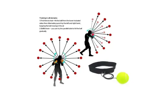 Diagrams illustrate reflex ball training with silhouettes of boxers and a tennis ball on a string, showing how to improve hand-eye coordination.