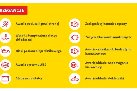 Dacia kontrolki ostrzegawcze: awaria poduszki, wysoka temperatura, niski poziom oleju, ABS, słaby akumulator, hamulec ręczny, zużycie klocków, awaria czujnika hamulców, wspomaganie kierownicy, awaria elektroniki.