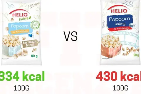 Porównanie: popcorn Helio Natura (334 kcal/100g) vs popcorn solony (430 kcal/100g).