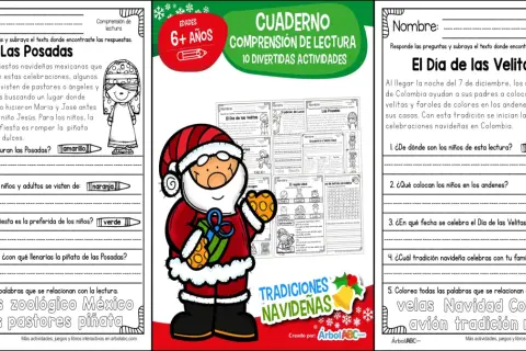 Cuaderno de comprensión lectora navideña con actividades sobre "Las Posadas" y "El Día de las Velitas".