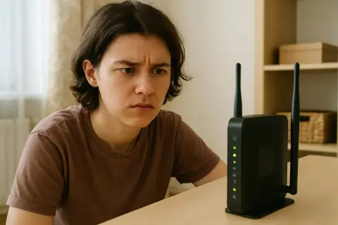 Zmarszczone brwi młodego człowieka patrzącego na świecące diody modemu. Czy to jest modem, który sprawia problemy?