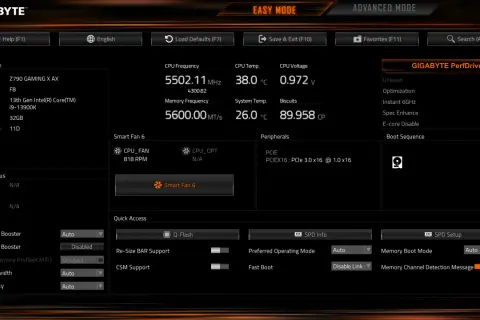 Ekran **Gigabyte BIOS** w trybie Easy Mode, pokazuje informacje o CPU, RAM, temperaturach i ustawieniach wentylatorów.