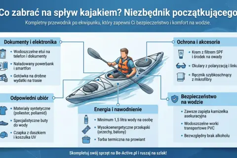 Co zabrać na kajaki? Lista rzeczy: wodoodporne etui, powerbank, gotówka, syntetyczne ubrania, buty do wody, czapka, krem z filtrem, okulary, ręcznik, woda, przekąski, kamizelka asekuracyjna.