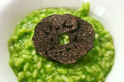Risotto verde con trufa negra, un manjar que representa la comida típica de Zaragoza.