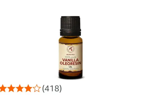 Eine Flasche Vanille Oleoresin Öl. Die Vanille Wirkung auf die Psyche ist beruhigend und stimmungsaufhellend.