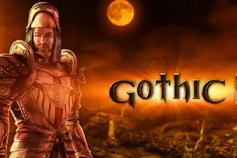 Rycerz w zbroi na tle księżyca i krajobrazu z napisem Gothic II.