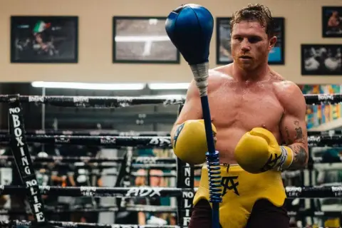 Boxer Canelo Alvarez in yellow shorts and gloves, training with a speed bag. He's known for his dominance across multiple canelo weight class divisions.