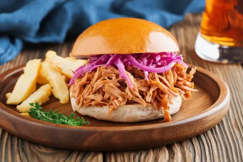 Pulled Pork Burger mit Krautsalat und Pommes. Welche Sauce zu Pulled Pork Burger passt? Hier eine Inspiration!