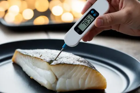 En digital termometer mäter innertemperaturen på en saftig torskfilé.