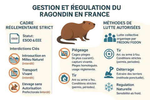 Illustration sur la gestion du ragondin, un animal considéré comme dangereux, avec les interdictions et méthodes de lutte autorisées.
