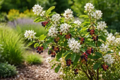 Felsenbirne mit weißen Blüten und roten bis bläulichen Beeren im Garten. Der ideale Standort für diese Pflanze ist sonnig bis halbschattig.