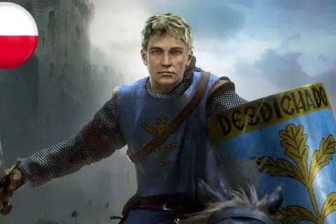 Rycerz z tarczą i mieczem, gotowy do walki. Polska flaga w tle. Idealny do gry Crusader Kings 2 spolszczenie.