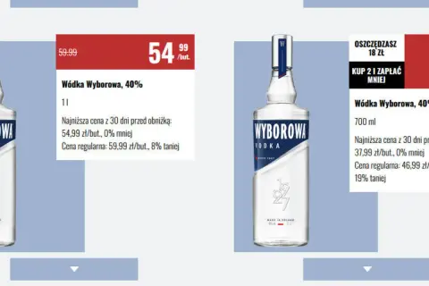 Wódka Wyborowa 0.7 cena promocyjna 37,99 zł/but. Oszczędzasz 18 zł.