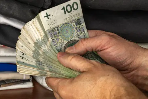 Dłoń trzyma plik banknotów 100 zł. To segment d, część większej całości, być może oszczędności.